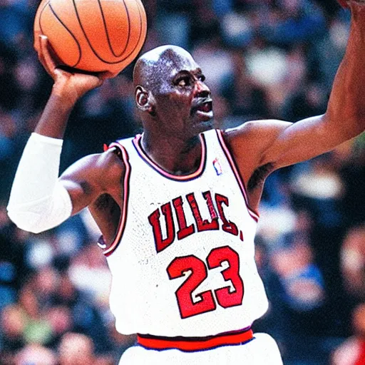 Image similar to michael jordan wearing clown hair playing basket