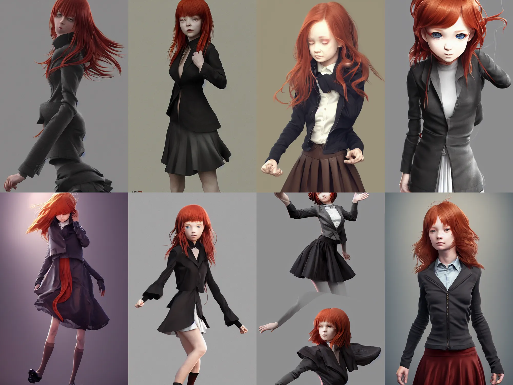 Prompt: Very complcated dynamic composition, at Pixiv, Zbrush sculpt colored, Octane render in Maya and Houdini VFX, young redhead girl in motion, wearing jacket and skirt, silky hair, black stunning deep eyes. By ilya kuvshinov, krenz cushart, Greg Rutkowski, trending on artstation. Amazing textured brush strokes. Cinematic dramatic soft volumetric studio lighting