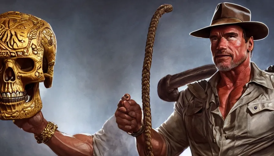 Image similar to arnold schwarzenegger as indiana jones holding a whip in left hand and holding a golden mayan skull in the right hand, grey background, hyperdetailed, artstation, cgsociety, 8 k