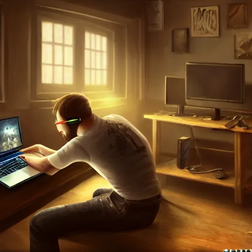 Prompt: realistic man using laptop in gaming room, artstation trends, concept art, highly detailed, intricate, sharp focus, digital art, 8 k