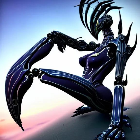 Prompt: looking up at a highly detailed 300 foot tall giant elegant exquisite beautiful stunning valkyr female warframe, as an anthropomorphic robot dragon, posing elegantly over your tiny form, detailed legs looming over you, camera on the ground, at the beach on a sunset, sleek streamlined design, streamlined matte black armor, sharp detailed claws, detailed sharp robot dragon feet, worms eye view, giantess shot, camera close to the legs, upward shot, ground view shot, leg shot, front shot, epic cinematic shot, high quality warframe fanart, captura, realistic, professional digital art, high end digital art, furry art, giantess art, anthro art, DeviantArt, artstation, Furaffinity, 8k HD render, epic lighting