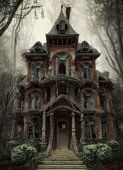 Image similar to A haunted Mansion in the middle of the woods, evil, demonic, enchanting, angelic, flowers, nature, city, symmetry, environment concept, cinematic, Rendered in Octane, trending on artstation, cgsociety, moody lighting rendered by octane engine, environment 8K artstation, cinematic lighting, intricate details, 8k detail post processing, hyperealistic, octane render, photo realism, visually inspired by Blade Runner 2049