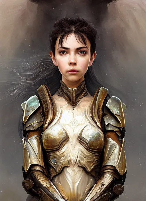 Image similar to a professional portrait of a beautiful young female, clothed in ethereal battle armor, olive skin, long dark hair, beautiful bone structure, symmetrical facial features, intricate, elegant, digital painting, concept art, smooth, sharp focus, finely detailed, illustration, from Valerian and the City of a Thousand Planets, in the style of Ruan Jia and Mandy Jurgens and Artgerm and Greg Rutkowski and William-Adolphe Bouguerea