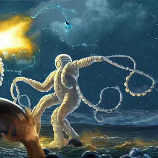 Image similar to a kraken fighting a powerful astronaut wizard, hyperrealistic render