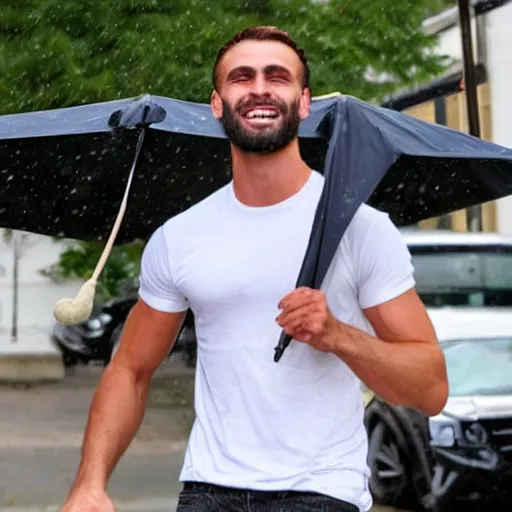 Prompt: gigachad under an umbrella grinning