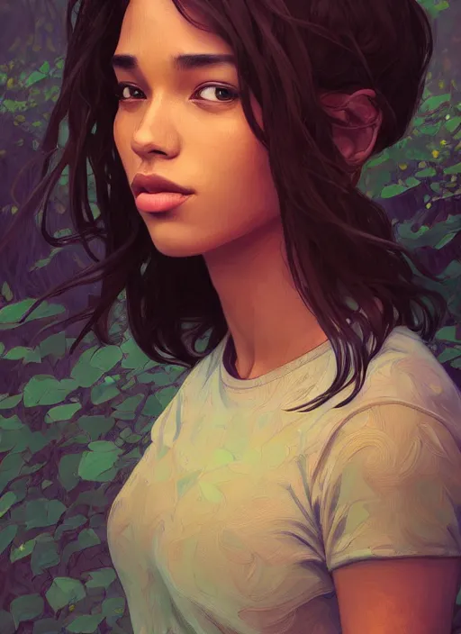 Image similar to handsome young black women with shoulder length brown hair, half body shot, path traced, highly detailed, high quality, digital painting, alena aenami, lilia alvarado, shinji aramaki, karol bak, alphonse mucha, tom bagshaw