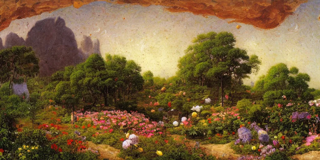 Image similar to a flowering garden in a crater on the moon, a small garden shed is standing beside the crater, impasto paint in the style of martin johnson heade and h. r. giger,