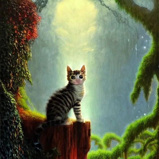 Prompt: painting of one kitten in the enchanted forest standing on the steps and watching the waterfall, fantasy, intricate, extremely detailed, matte, featured in artstation, art by louis wain, greg rutkowski, alan lee