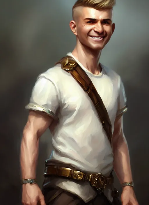 Image similar to a _ fantasy _ style _ portrait _ painting _ of white male short fringe light brown hair short head smiling clean shaven round face rpg dnd oil _ painting _ unreal _ 5 _ daz. _ rpg _ portrait _ extremely _ detailed _ artgerm _ greg _ rutkowski _ greg