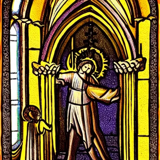 Image similar to angel protecting man who is praying inside a gothic church, dreams style