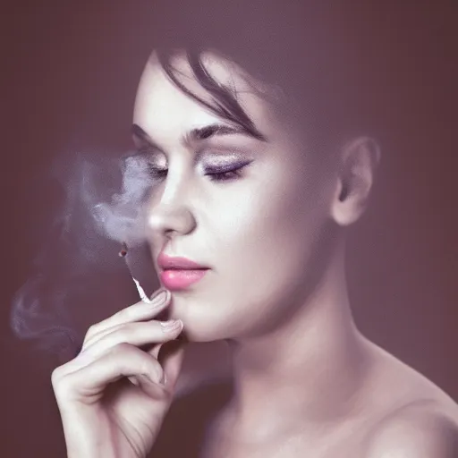 Image similar to A beautiful young woman, smoke, double exposure, medium shot, studio lighting,