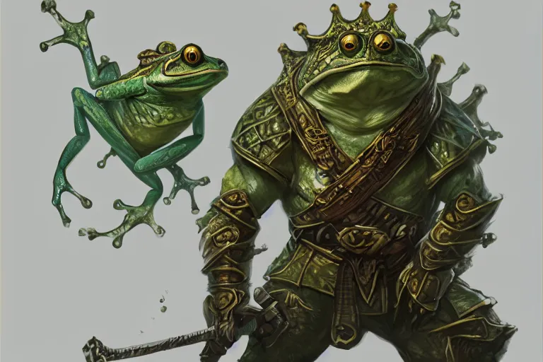 Image similar to Frog warrior king. D&D, fantasy, intricate, elegant, highly detailed, digital painting, artstation, concept art, matte, sharp focus, illustration