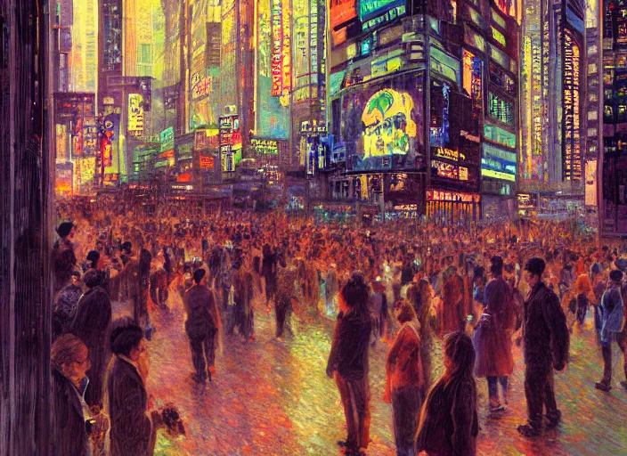 Prompt: crowd of people exterior office, portrait face, cyberpunk neon ads, in the style of jeremy enecio, intricate, miles johnston, monet, cynical realism, john william godward, painterly, yoshitaka amano, miles johnston, louise zhang, pekka halonen, finnish naturalism, realism