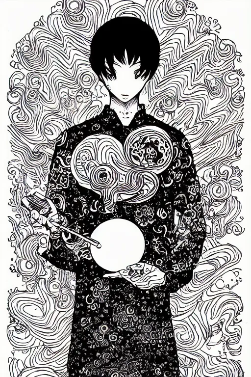 Image similar to a drawing of a person holding a red object, a manga drawing by Yuko Shimizu, behance contest winner, psychedelic art, psychedelic, cosmic horror, fractalism