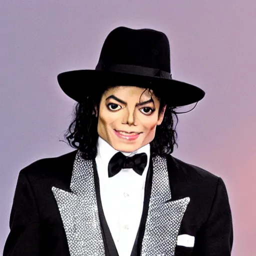 Prompt: Michael Jackson wearing a black tuxedo with a black fedora hat