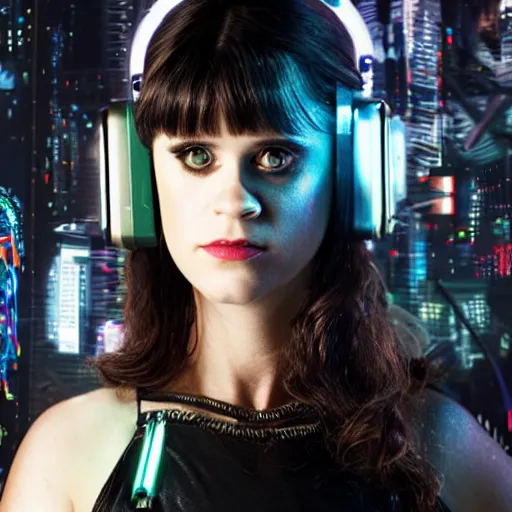 Image similar to studio photo of cyberpunk cyborg zooey deschanel