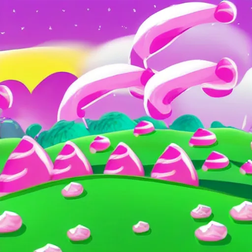 Prompt: cute candy landscape, mobile game background, match 3, pink hills, candy canes, chocolate