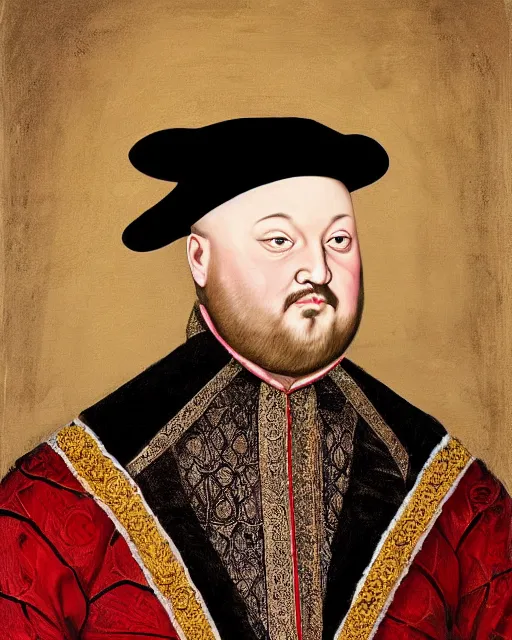 Image similar to fat gray cat with yellow eyes dressed like henry viii, tudor period clothing in red gold and black, greg rutkowski, royal portrait, painting