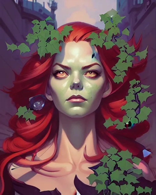 Prompt: peter mohrbacher, joshua middleton, phil noto comicbook cover art, artgerm, emma stone poison ivy, vines, symmetrical eyes, city rooftop