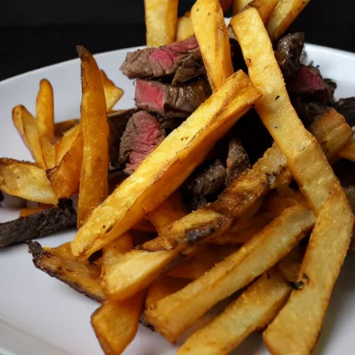 Prompt: french steak fries pile, burnt with ketschup - t