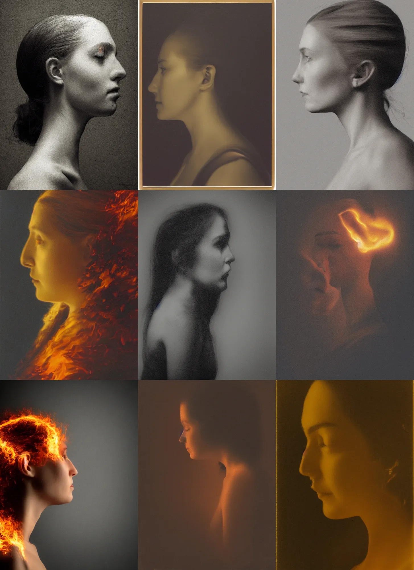 Prompt: a woman's face in profile, made of spirit and fire, in the style of the Dutch masters and Gregory Crewdson, dark and moody