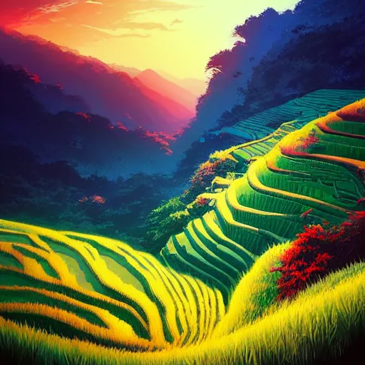 Image similar to beautiful scenery of rice terraces, by anato finnstark, by alena aenami, by john harris, by ross tran, by wlop, by andreas rocha