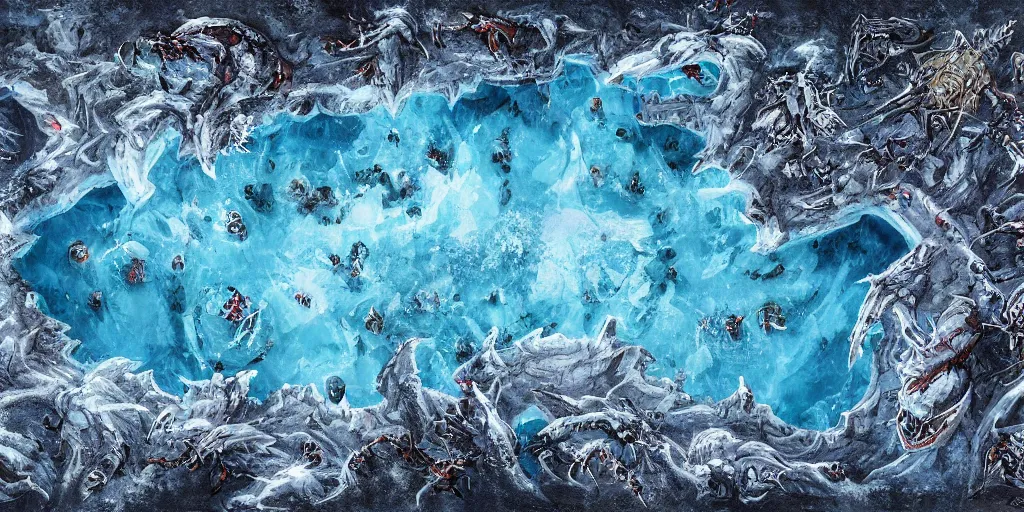 Image similar to a d & d background of a frozen lake with monsters beneath the ice, viewed from above, high quality digital art, gridless, vivid, blue tones, oil painting, trending on arstation, oil painting