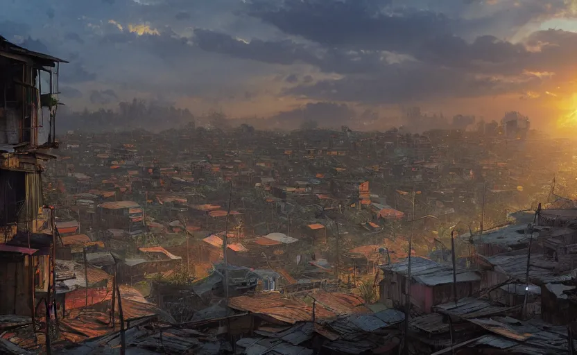 Image similar to beautiful landscape painting of the slums of tondo manila, sunrise, god's rays highly detailed, vivid color, cinematic lighting, perfect composition, 8 k, gustave dore, derek zabrocki, greg rutkowski, belsinski, octane render