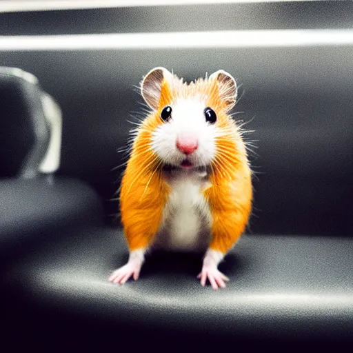 Image similar to photo of a metro train interior, a tiny hamster is sitting on a seat, various poses, unedited, soft light, sharp focus, 8 k