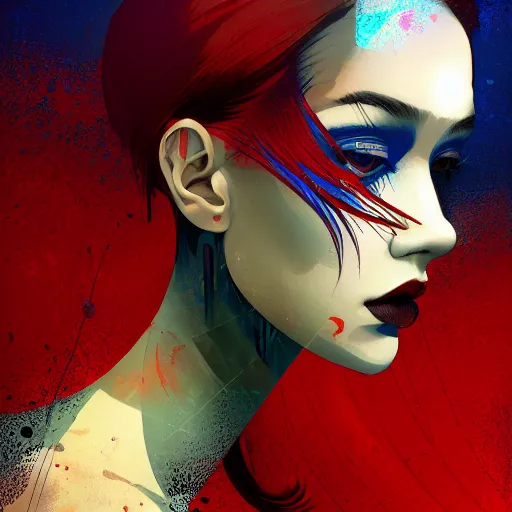 Image similar to the nonlinear. digital painting, vertical, intricate, beautiful, detailed, grunge, sharp focus, abstract art by kuvshinov and el lissitzky and artgerm and kandinsky, trending on artstation. blue, dark red and dark purple color scheme, gradient darker to bottom