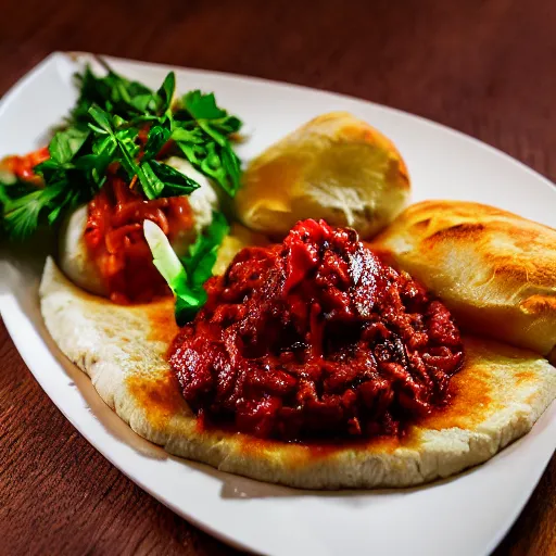 Prompt: Ćevapi with lepinja bread, onions and ajvar elaborately served in a Michelin star restaurant, professional food photography, Canon EOS 5D Mark II | 42mm | f/4.0 | 1/1250s | ISO 125