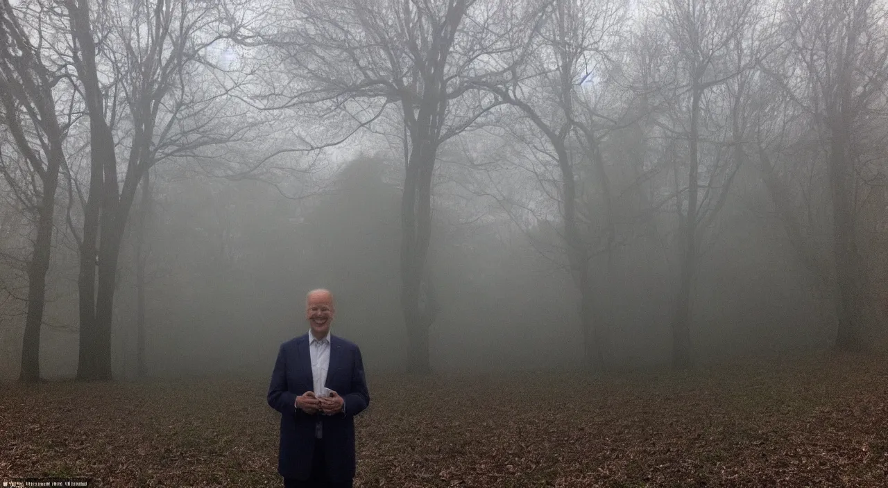 Image similar to low quality iphone photo taken in front of a house window of joe biden with standing ominously in the foggy woods with a demonic wide smile in his face, creepy