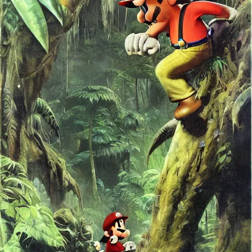 Prompt: super mario lost in mystic jungle , oil painting by frank frazetta