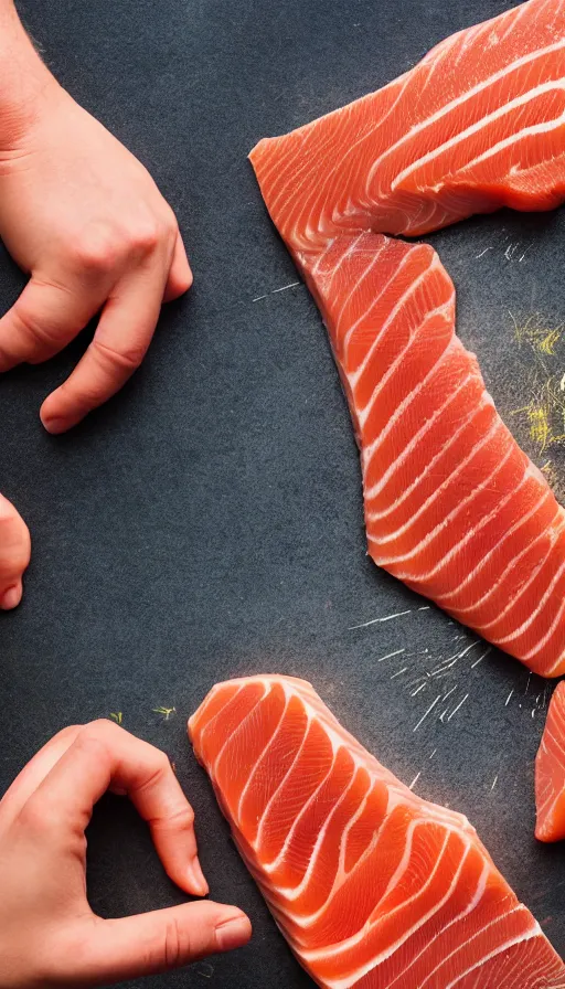 Image similar to lovely afternoon dappled sunlight photograph: top down view of two hands preparing salmon glowing with projection-mapped glowing ruler lines notating the meat volume like a graduated cylinder, slicing a cut of salmon, laser projector shining a bright line of a glowing hologram notation of where to cut