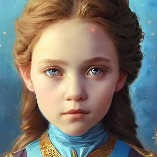 Image similar to a little girl with short wavy curly light brown hair and blue eyes, a space empress in byzantine style. beautiful highly detailed face, painting by artgerm and greg rutkowski and ilya kuvshinov.