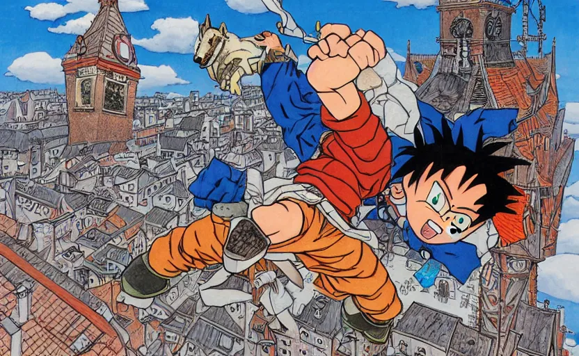 Image similar to a boy fighting a wolf on the edge of a clocktower, by akira toriyama gouache, print