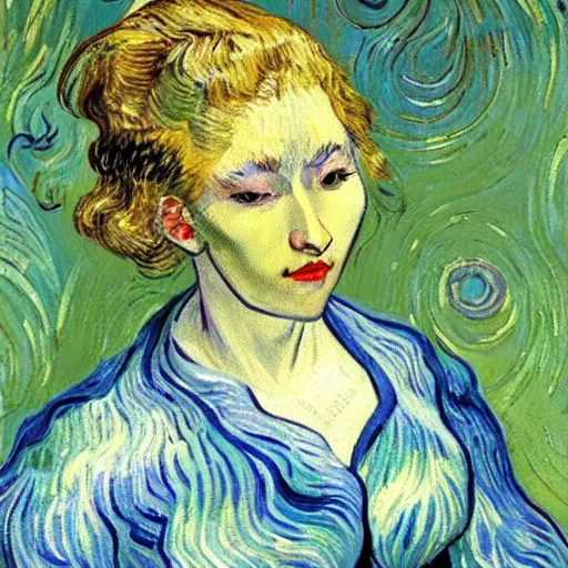 Image similar to painting of a beautiful woman with iridescent translucent hair, her eyes are closed, hair is floating, ethereal, by Van Gogh