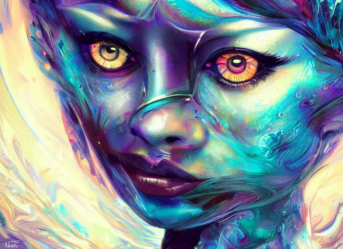 Prompt: A painting of a woman's face with a blue eye, digital art by Android Jones, featured on CGsociety, psychedelic art, Behance HD, Deviantart, Daz3D