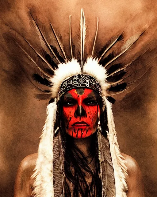 Image similar to lady native sisters ghost - spirit of the grim - warpaint wears the scarlet skull armor and native blood headdress feathers, midnight fog - mist!, dark oil painting colors, realism, cinematic lighting, various refining methods, micro macro autofocus, ultra definition, award winning photo, photograph by ghostwave - gammell - giger - shadowlord