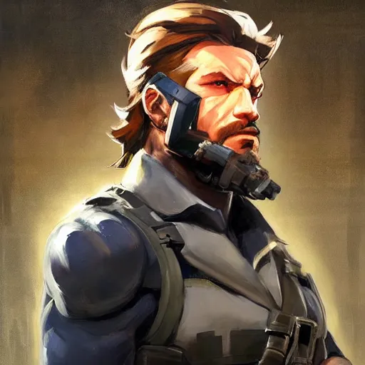 Prompt: greg manchess portrait painting of solid snake as overwatch character, medium shot, asymmetrical, profile picture, organic painting, sunny day, matte painting, bold shapes, hard edges, street art, trending on artstation, by huang guangjian and gil elvgren and sachin teng