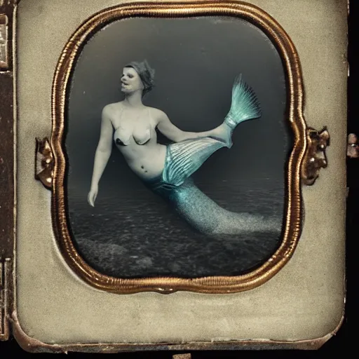 Prompt: underwater tintype photo of swimming mermaid