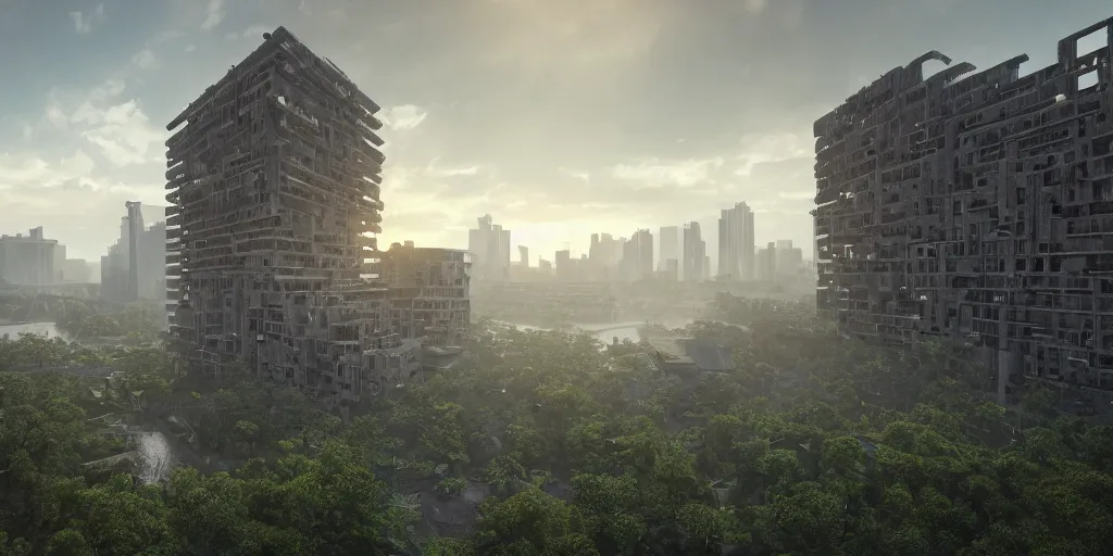 Image similar to a stunningly detailed building, brutalist architecture, surrounded by lush green forest, ponds of water, stunning volumetric lighting, sunset, metal, concrete, stunning skies, trending on Artstation, 8k, photorealistic, hyper detailed, unreal engine 5, IMAX quality, cinematic, epic lighting, from Quake, by Greg Rutkowski