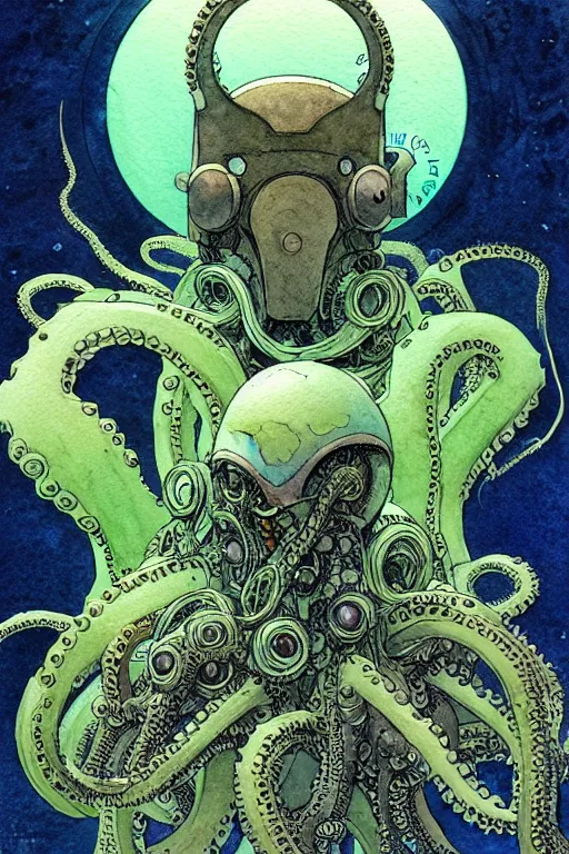 Prompt: a simple and atmospheric watercolour fantasy character concept art portrait of a mechanized android octopus as a druidic warrior wizard looking at the camera with an intelligent gaze, very muted colors, by rebecca guay, michael kaluta, charles vess and jean moebius giraud