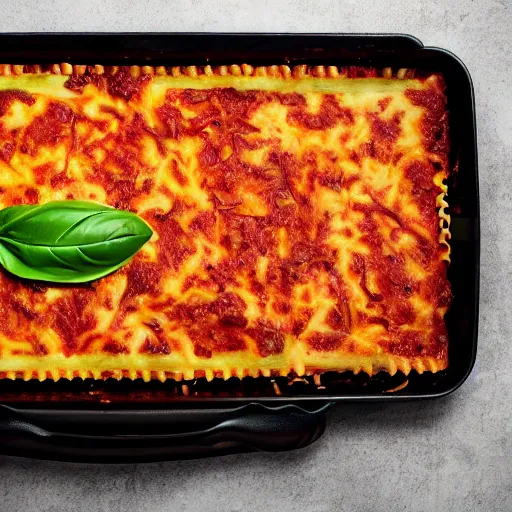 Image similar to studio photography of a platypus cooking a lasagna with three basil leaves over the lasagna