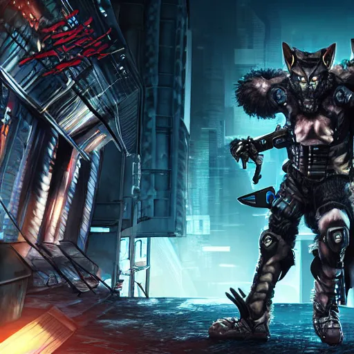 Prompt: cyberpunk wolfman holding a katana and jumping into action, tactical armor, action scene screenshot, scifi futuristic character concept, high quality gloss art, unreal engine