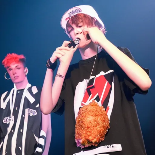 Image similar to bladee eating kfc chicken on stage at the drain gang concert