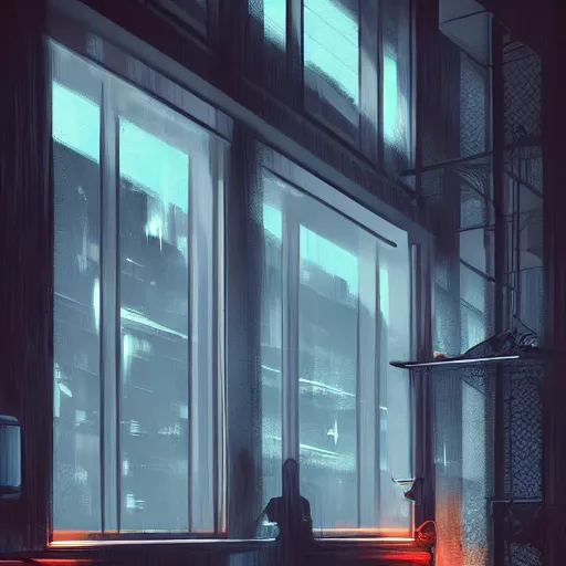 Image similar to interior design quiet loft, big windows, cyberpunk city, rainy day, night, science - fiction, samdoesarts, artstation