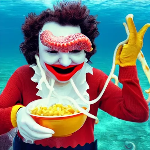 Prompt: Ronald mcdonald eating an octopus underwater