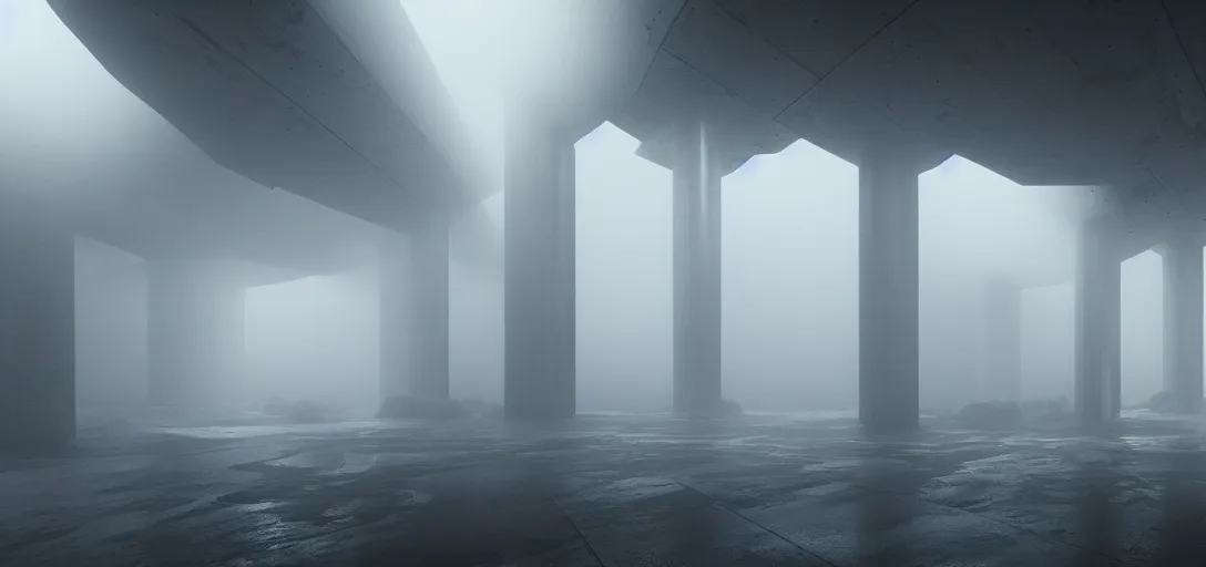 Image similar to dramatic view of empty brutalist underground structure, giant towering pillars, colored fog, haze, unreal engine, dramatic lighting, detailed, ambient occlusion, global illumination, god rays, 3 d artstation render by greg rutowski and jessica rossier