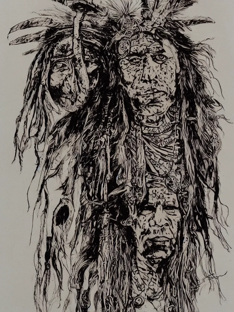 Image similar to a detailed loose wild messy ink sketch portrait of a Native American shaman wearing a bone breastplate in the style of Ralph Steadman, caricature, dramatic with desert colors